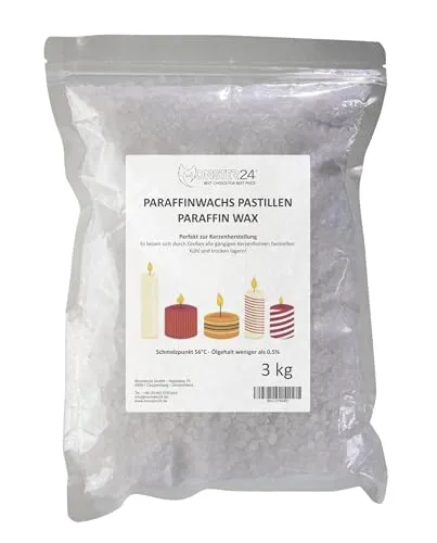 Monster24 - Paraffinwachs Pastillen 3 Kg für Kerzen, Tischfeuer etc. weißes Kerzenwachs zum Gießen und Nachfüllen eigener Kerzenkreationen, Wachs Granulat Pastillen für Gartenfackeln Schmelzpunkt 56°C
