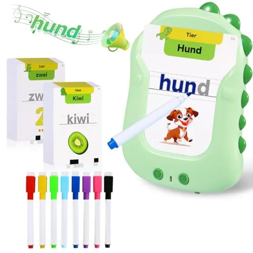 Sprechende Lernkarten Deutsch Lernen für Kinder 168 Blätter 336 Wörter, Kinderspielzeug ab 1-6 Jahre Alt, Montessori Autismus Spielzeug mit Whiteboard Stifte Abwischbar 7, Geschenke für Mädchen Junge