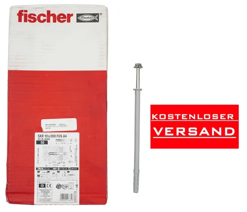 Fischer Langschaftdübel SXR 10x200 mit Sechskantschraube A4 - Dübel für stabile Verbindungen, aus rostfreiem Edelstahl und ideal für anspruchsvolle Anwendungen im Innen- und Außenbereich. Packung mit 50 Stück.