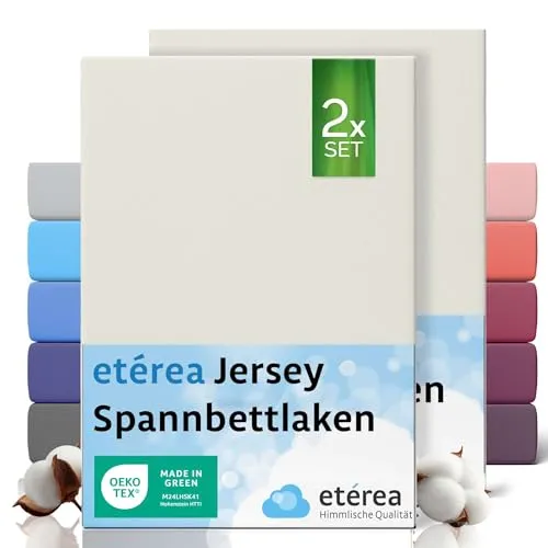 etérea Jersey 2er Set Spannbettlaken 80x160cm - 80x180cm Natur bis 20 cm Höhe - 100% Baumwolle Spannbetttuch Oekotex - Kinder Doppelpack Bettlaken 80x160 cm - 80x180 cm - Creme