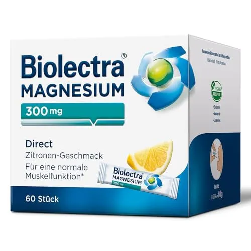 Biolectra Magnesium Direct 60 ST - Nahrungsergänzungsmittel mit 300 mg Magnesium pro Stick, ideal zur Unterstützung der Muskelfunktion und für mehr Energie. Direktgranulat mit erfrischendem Zitronengeschmack.