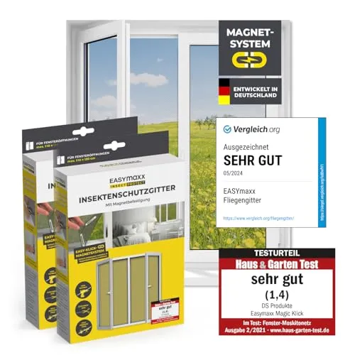 EASYmaxx Insektenschutz-Fensterrahmen 110 x 130 cm - Fliegengitter mit Magnetbefestigung, einfach zu montieren ohne Bohren, schützt vor Mücken und Fliegen, ideal für frische Luft im Sommer.