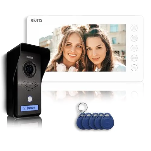Eura VDP-76A3 Alpha Video-Türsprechanlage Gegensprechanlage 4 Draht, 7-Zoll-Farbmonitor, RFID, Bildspeicher, 2 Eingänge, Weiß