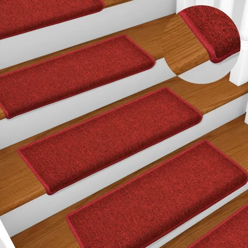 vidaXL Teppich-Treppenstufen 15 Stk. Rot 65x21x4 cm - Fußmatten, rutschfest und geräuschdämpfend, ideal für sichere Treppen und Schutz vor Abnutzung. Lieferumfang: 15 Matten mit doppelseitigen Klebebändern für einfache Befestigung.