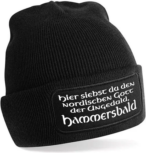 Herzbotschaft Beanie Strickmütze mit Spruch HAMMERSBALD nordischer Gott der Ungeduld Unisex SoftTouch angenehm weiche und warme Wintermütze Einheitsgröße