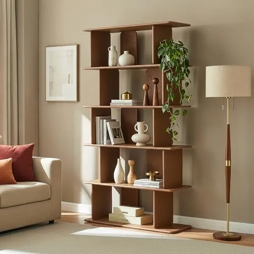 en.casa Bücherregal „Gäljami“ 180 x 100 x 35 cm in Walnussoptik - Elegantes Bücherregal mit 5 offenen Fächern für Ordnung im Wohnbereich. Ideal zum schnellen Zugriff auf Bücher und Deko. Vielseitig einsetzbar als Raumteiler, einfach aufzubauen und pflegeleicht.