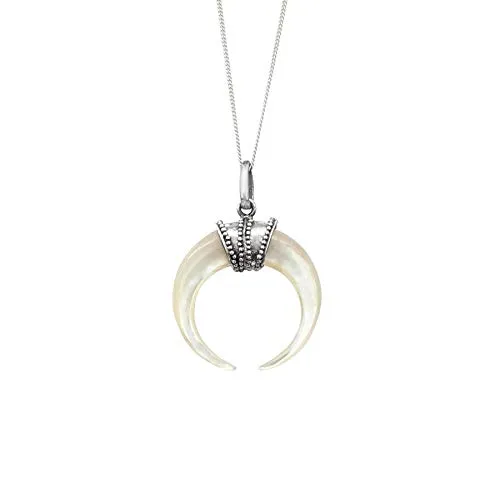 81stgeneration 925 Silber Perlmutt Doppelhorn Anhänger an Panzerkette | Halskette aus Sterlingsilber mit Himmlischem Halbmond-anhänger | Schmuck mit Kosmischen Symbolen | Boho Stoßzahn-design