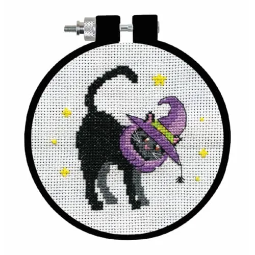 Design Works Crafts Kreuzstich Stickpackung mit Stickrahmen Schwarze Katze, Zählmuster, Multifarbig