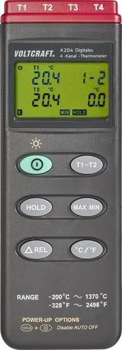 VOLTCRAFT K204 Temperatur-Messgerät -200 - +1370 °C - Digitale Laborthermometer mit 4-Kanal für K-Typ Fühler, ideal für präzise Temperaturmessungen und mit praktischer Auto-Power-Off-Funktion.