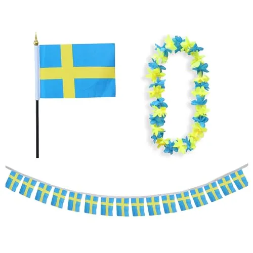 Sonia Originelli Fanset Fanartikel Fahnen Girlande Fähne für die Hand Blumenkette Hawaiikette EM WM Fussball Farbe: Schweden