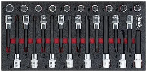 VIGOR Torx-Schraubendreher-Einsatz-Sortiment V5095 - Steckschlüsseleinsatz Set mit 26 Werkzeugen, 2-Komponenten Weichschaum-Einlagen für perfekte Ordnung und Schutz vor Verrutschen.