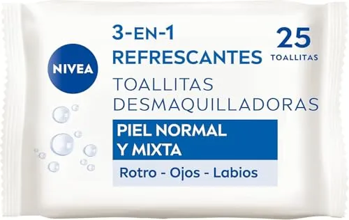 NIVEA 3-in-1 erfrischende Make-up-Reinigungstücher, feuchte Tücher, reinigt sanft und effektiv, entfernt wasserfestes Make-up, für Gesicht, Augen und Lippen, normale und Mischhaut, 25 Tücher