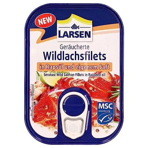Larsen MSC Wildlachsfilets in Rapsöl, 110 g - Fleischkonserven: Geräucherte Wildlachsfilets in Rapsöl, reich an Omega-3-Fettsäuren und ideal für gesunde Snacks oder als feine Beilage.