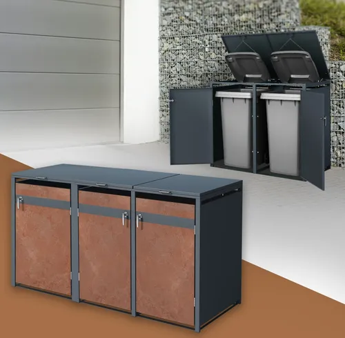 ML-DESIGN Mülltonnenbox aus Stahl - Wetterfeste Mülltonnengarage für 3 Tonnen à 240 l - Mülltonnenboxen für 3 x 240 l, robustes Stahlmaterial mit Pulverbeschichtung, leises Öffnen durch Gasdruckfedern, gute Luftzirkulation verhindert Gerüche.