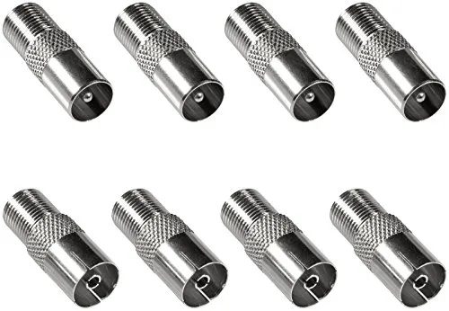 POPPSTAR 8x SAT Adapter Koax Antenne (4x F-Buchse auf IEC Antennenstecker, 4x auf Antennenbuchse), Coax Kupplung für Koaxialkabel - Antennenkabel, silber