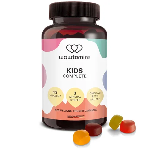 wowtamins KIDS Complete | 120 Fruchtgummis | vegan - Nahrungsergänzungsmittel mit 13 Vitaminen und Omega 3 aus Algenöl, 100% vegan und frei von Gluten und Laktose. Ideal für die tägliche Nährstoffversorgung von Kindern.