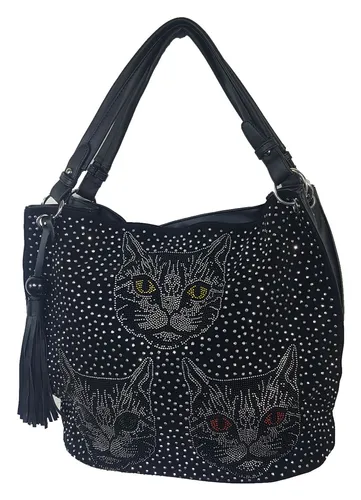Beutel Handtasche Beuteltasche Katzen - Elegante Strass-Steine - Damentaschen mit funkelnden Strasssteinen, ideal für Katzenliebhaber! Stilvolle Shoppertasche aus Kunstleder in schwarz-silber, perfekt für jeden Anlass.