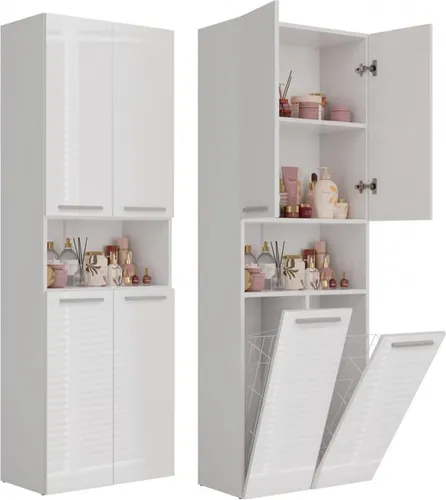 BDW Badezimmerschrank, 2 Wäschekorb, 2 Türen 174x60x30, Weißer Glanz