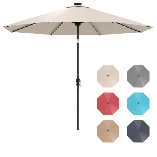 GOPLUS Sonnenschirm 300 cm mit LED Solar Beleuchtung, 9 Modi, um 35°knickbarer Terrassenschirm, Gartenschirm mit Kurbel, Beige