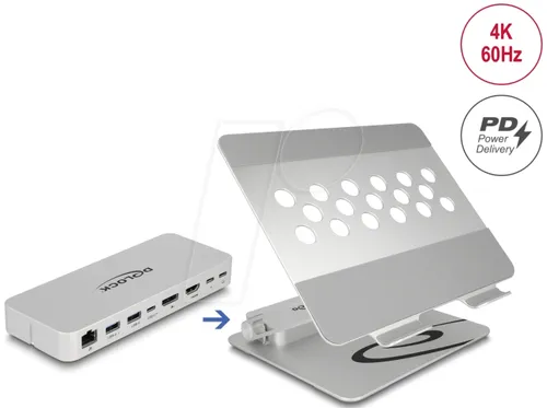 Delock Dockingstation + Notebook-Tablet-Ständer - Computermöbel mit USB-C/Thunderbolt 3, HDMI und DP für optimale Konnektivität und Platzersparnis im Home Office.