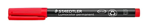 STAEDTLER permanent Marker Lumocolor, rot, Keilspitze ca. 1,0 - 2,5 mm, wisch- und wasserfest, Made in Germany, nachfüllbar, lange Lebensdauer, 10 rote Universalstifte im Kartonetui, 314-2