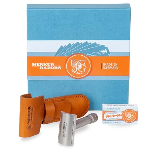 MERKUR Edelstahl Rasierhobel Set 34 INOX | Premium Nassrasur - Rasierer für Herren mit geschlossenen Kamm für eine sanfte, gründliche Rasur. Inklusive edlem Lederetui und 10 Platinum Klingen. Made in Germany, seit 1896 für höchste Qualität.