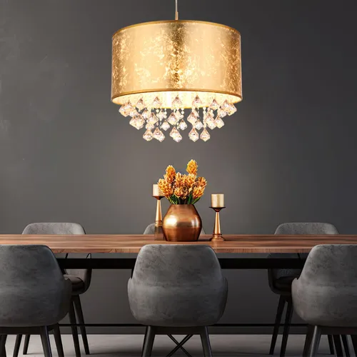 Hängelampe gold LED Pendellampe - Elegante Esstischleuchte - Stilvolle Hängelampe aus goldfarbenem Textil mit Kristallakzenten. Perfekt für Ihr Wohnzimmer, bietet sie warmweißes Licht und setzt elegante Akzente.