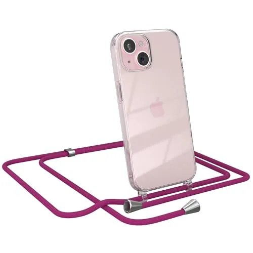 EAZY CASE Handykette kompatibel mit iPhone 15 Handyhülle mit Umhängeband, Handykordel mit Schutzhülle, Silikonhülle, Hülle mit Band, Stylische Kette für Smartphones, Pink