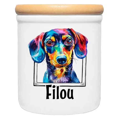 Cadouri Keramik Leckerli-Dose KURZHAARDACKEL – personalisiert - Wunderschöne, hygienische Leckerli-Dose aus Keramik mit praktischem Holzdeckel. Ideal zur Aufbewahrung von Hundekeksen und ein dekoratives Highlight in jedem Zuhause.