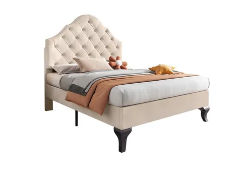 OKWISH Polsterbett Jugendbett 90x200 cm in Beige mit höhenverstellbarem Kopfteil
