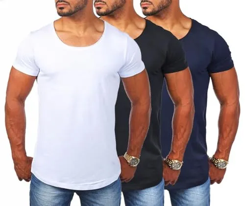 Young & Rich Herren T-Shirt mit tiefem Rundhals - 3er Pack in Weiß, Schwarz und Dunkelblau - Körperbetontes Basic Tee im angesagten Vintage Look. Ideal für Alltag, Sport oder als Unterziehshirt. Hoher Tragekomfort dank hochwertiger Baumwollmischung.