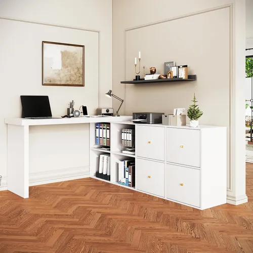 Schreibtisch, 4 cm starke Platte, MDF, 360° drehbar, für 2 Personen, mit Kippsicherung, 4 Schubladen und 4 Fächern, Bürotisch als Ecktisch mit Ablagen
