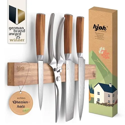 kjøk Premium Messer Halterung magnetisch echtes Akazienholz - Wandhalterung zum Kleben oder Bohren Holz Leiste mit Magnet für Küchenmesser - Magnetleiste Magnethalter zur Wandmontage inkl. Zubehör