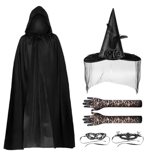 Suaflny Halloween Kostüme für Damen, Hexenkostüm für Erwachsene, Halloween Kostüme Damen, Halloween Kostüm Damen Geist, Halloween Kostüm Damen Hexe, Geisterbraut Kostüm Damen (140cm Schwarz)