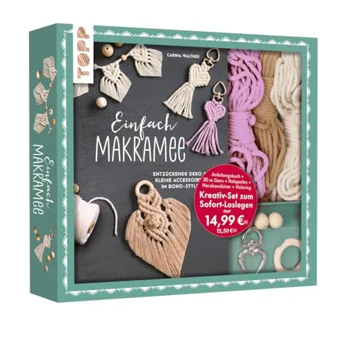 Produktbild Kreativ-Set Einfach Makramee. Mit Anleitungsbuch und Material: Box (24 x 21,5 x 3,5 cm), Buch (32 S., DIN A5, Softcover), 30 m Garn in 3 Farben, Holzperlen, Holzring, Herzkarabinier (Kreativ-Sets)