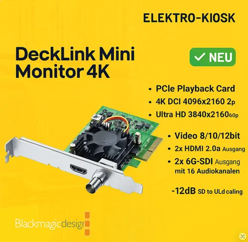 Blackmagic Design DeckLink Mini Monitor 4K - PCIe-Playbackkarte mit 6G-SDI und HDMI 2.0a, ideal für 4K-Videoformate bis 2160p 30