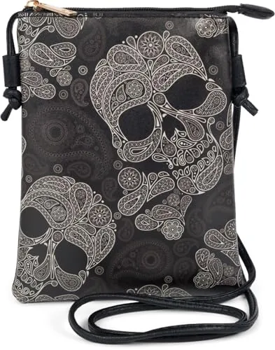 styleBREAKER Damen Mini Bag mit Sugar Skull Totenkopf Print | kleine Umhängetasche Crossbody Handytasche Schultertasche Gothic Festival Tasche 13,5 x 19 cm, Farbe:Schwarz-Weiß