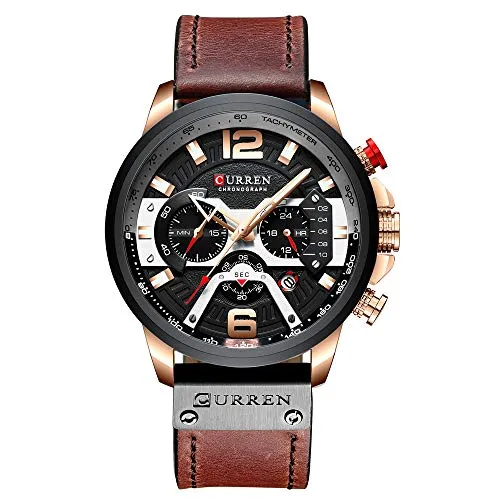 CURREN Herren-Armbanduhr, Quarz, analog, Kalender, Armbanduhr für Herren, modisch, wasserdicht, mit Lederarmband, Braun, Chronograph, Quarz-Uhrwerk