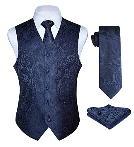 Enlision Anzugweste Navy blau Herren Hochzeit Paisley Westen und Krawatte Einstecktuch Party Floral Jacquard Anzug Weste Set XL