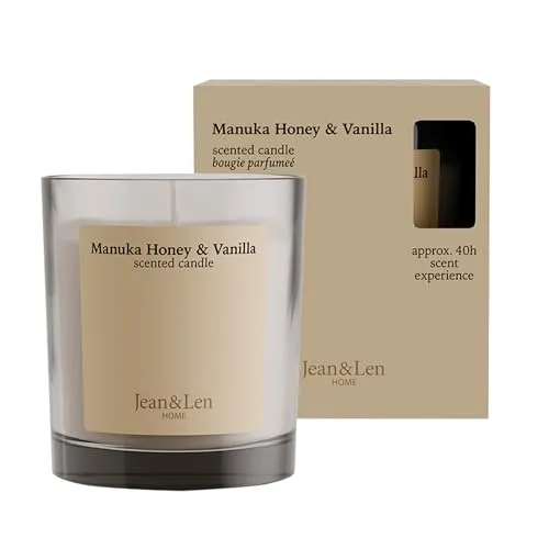 Produktbild Jean & Len Scented Candle Manuka Honey & Vanilla, hergestellt mit Sheabutter, Brenndauer ca. 40 Stunden, minimalistisches Design, sinnlicher Duft, vegan, 195 g