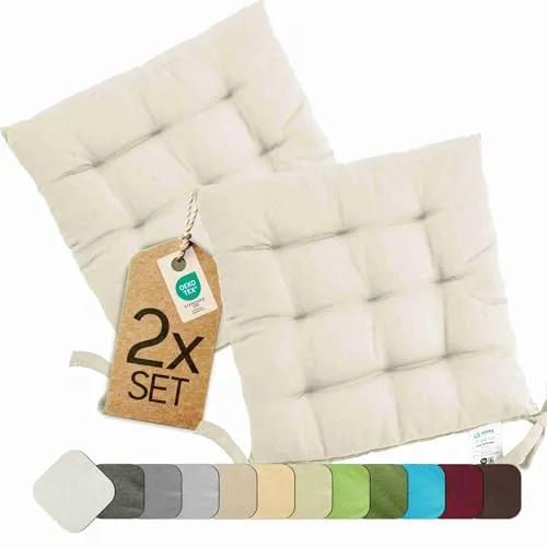 etérea 2er Set Sitzkissen Outdoor 40x40 mit Bändern - Stuhlkissen Creme für Gartenstuhl & Innenbereich - waschbare Sitzauflagen Gartenmöbel - 2 Stück Kissen 40x40 cm - Creme