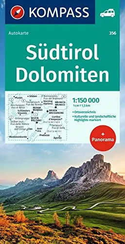 KOMPASS Autokarte Südtirol, Dolomiten/Alto Adige , Dolomiti 1:150.000: mit Panorama und Ortsverzeichnis