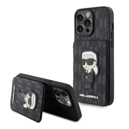 Karl Lagerfeld KLHCP15XSAKKNSCK Hülle für iPhone 15 Pro Max - Stylvolle Hardcase-Hülle aus Saffiano mit Kartenfächern und Standfunktion, ideal für modebewusste Smartphone-Nutzer.