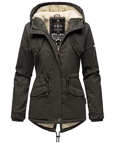 MARIKOO Damen Winter Jacke Stepp Parka Mantel Teddyfell warm gefüttert Manolya XS-XXL (DE/NL/SE/PL, Alphanumerisch, S, Regular, Regular, Anthrazit)