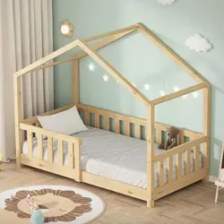 Kinderbett Hausbett Kiefernholz 70x140 cm - Modernes Kinderbett aus stabilem Kiefernholz im Hausdesign, inklusive Lattenrost, ideal für Jungen und Mädchen, einfache Montage und maximale Belastbarkeit von 80 kg.
