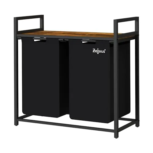 Zelsius Wäschesammler 2 Fächer | Schwarz, 73 x 33 x 72 cm | Wäschekorb mit Ablage, Schmutzwäschebehälter mit Wäschebeutel | Wäschesortierer, Wäschebox, Wäschesack | Wäschesystem, Waschkorb