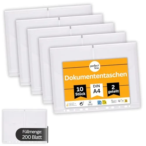 perfect line – 10 Dokumententaschen DIN A4, Sammelmappe mit Klettverschluss, 2-geteilt, transparente, stabile Dokumentenmappe, Kapazität ca. 200 Blatt - 2 cm Füllhöhe