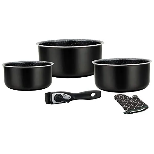 Montreal Kochgeschirr Set – Induktions-Kochtopf und Bratpfanne – 5-teiliges Küchenset mit Marmorbeschichtung und abnehmbarem Griff – Schwarz HG 8051 BLK