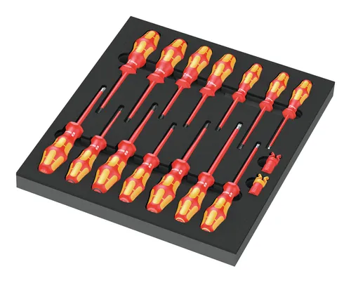 Wera Schraubendreher 9711 Schaumstoffeinlage VDE - 16-teiliges Set - Multifunktionswerkzeug-Zubehör mit VDE-Zertifizierung für sicheres Arbeiten bis 1000 Volt. Inklusive 16 Teilen, ideal für Elektroarbeiten und mit praktischer Schaumstoffeinlage zur Erkennung fehlender Teile.