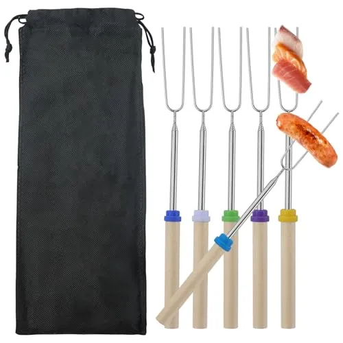 Grillgabeln, 6 Stück, teleskopierbare Marshmallow-Bratstäbchen, ausziehbare Edelstahl-Hotdog-Gabel mit Holzgriff, Grillspieße für Camping, Lagerfeuer, Kamin, Picknick